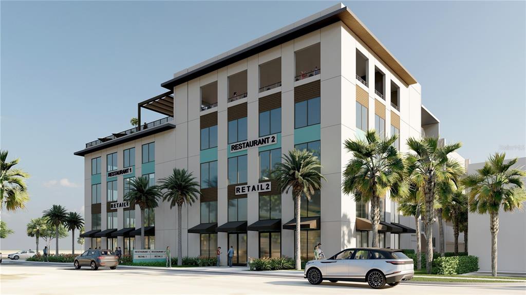 This is a digital rendering of a modern four-story commercial building with retail and restaurant spaces — 1300 S ATLANTIC AVENUE, NEW SMYRNA BEACH, FL