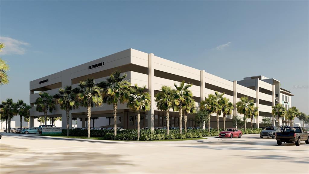 This is a rendering of a multi-level parking garage with ground-floor retail and palm trees — 1300 S ATLANTIC AVENUE, NEW SMYRNA BEACH, FL