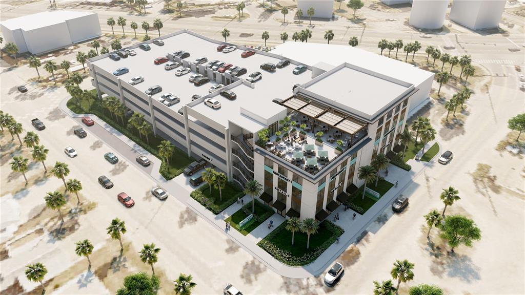 This is a rendering of a multi-story parking garage with an attached retail and restaurant building — 1300 S ATLANTIC AVENUE, NEW SMYRNA BEACH, FL