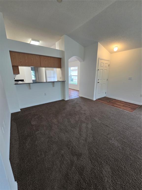 A living room with brown carpet, a kitchen pass-through window, and a front entryway — 12932 FIELDMOOR COURT, RIVERVIEW, FL