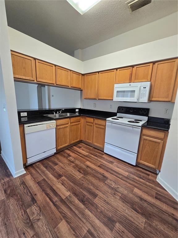 A kitchen features wood cabinets, black countertops, white appliances, and wood-look flooring — 12932 FIELDMOOR COURT, RIVERVIEW, FL