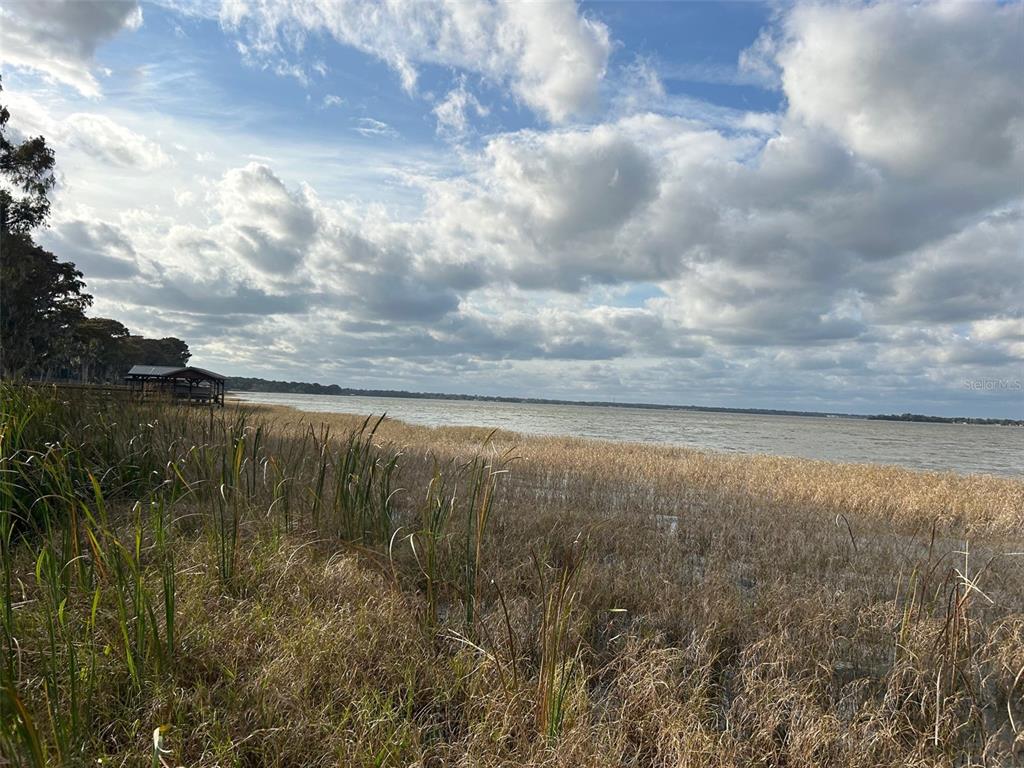 A grassy shoreline leads to a lake under a cloudy sky with a small dock — WATERVIEW DRIVE, LEESBURG, FL