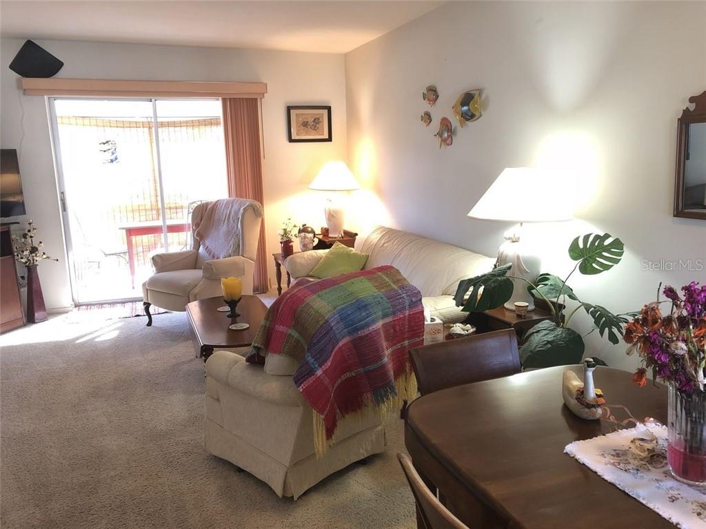 A living room and dining area with beige carpet, a sliding glass door, and furniture — 1816 SUNNY DRIVE UNIT D21, BRADENTON, FL