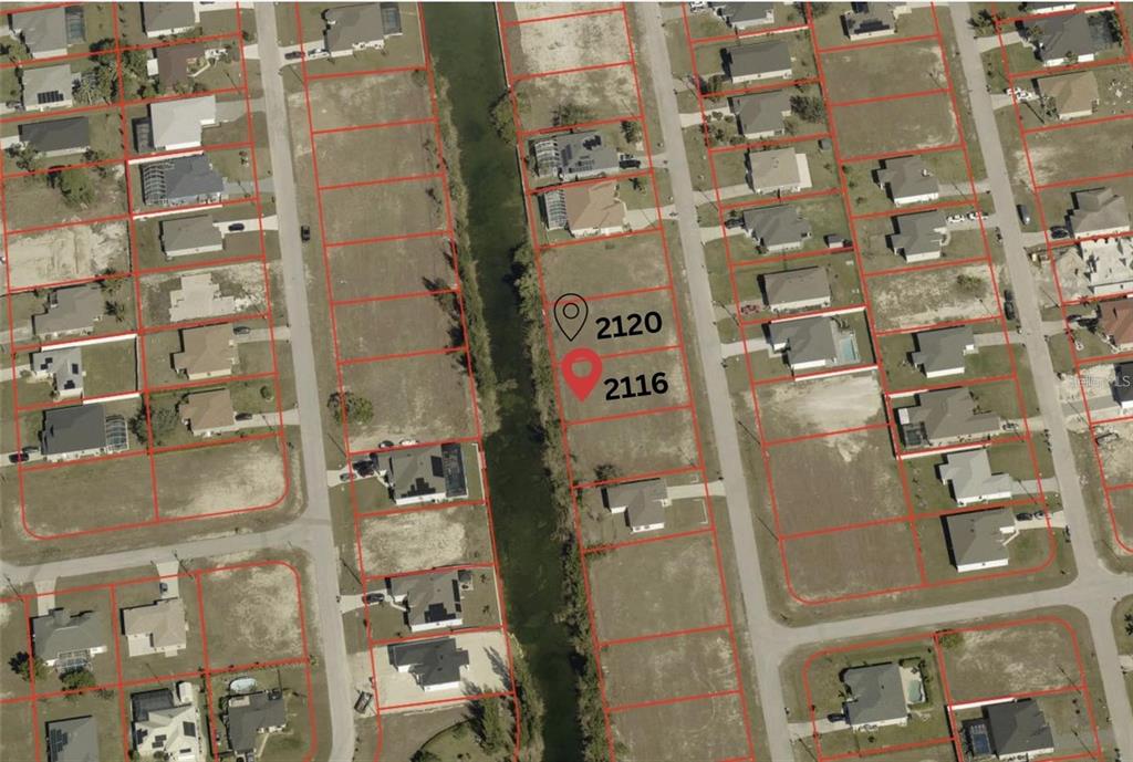 This aerial map shows two adjacent vacant residential lots bordering a canal in a neighborhood — 2116 NW 17TH AVENUE, CAPE CORAL, FL