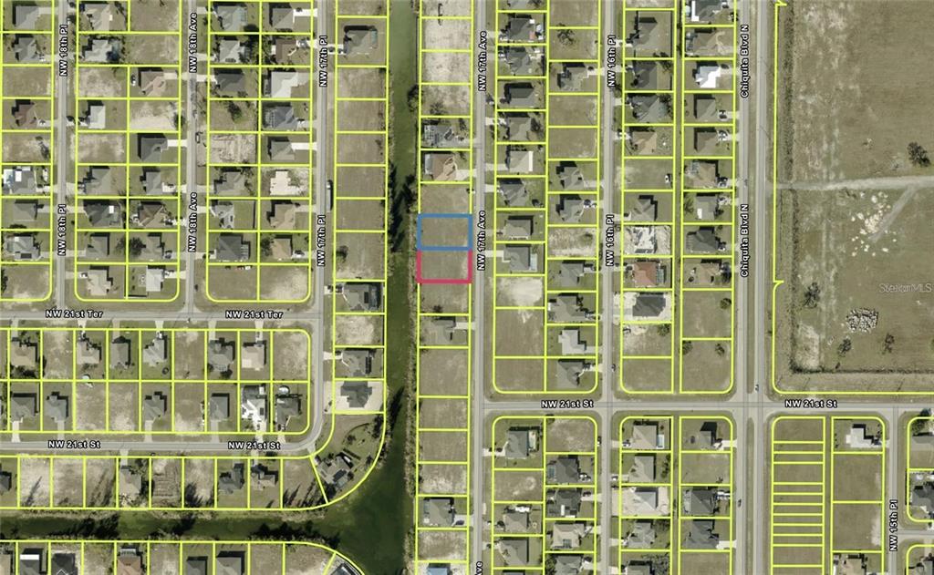 This is an aerial map showing residential lots and streets in a suburban neighborhood — 2116 NW 17TH AVENUE, CAPE CORAL, FL