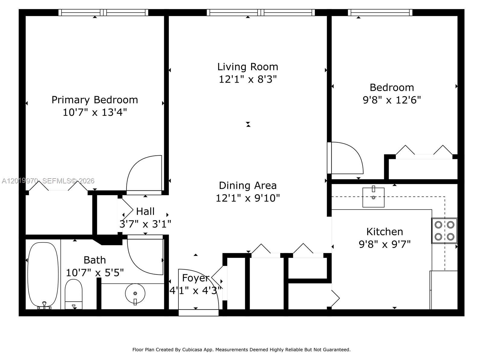 This is a floor plan for a one-bedroom apartment with a kitchen, bath, and living area — 3581 SW 117th Ave # 206, Miami FL 33175, MIAMI, FL