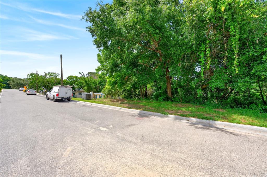 A paved street runs alongside a grassy lot with large trees and parked vehicles — E MINNEOLA AVENUE, CLERMONT, FL