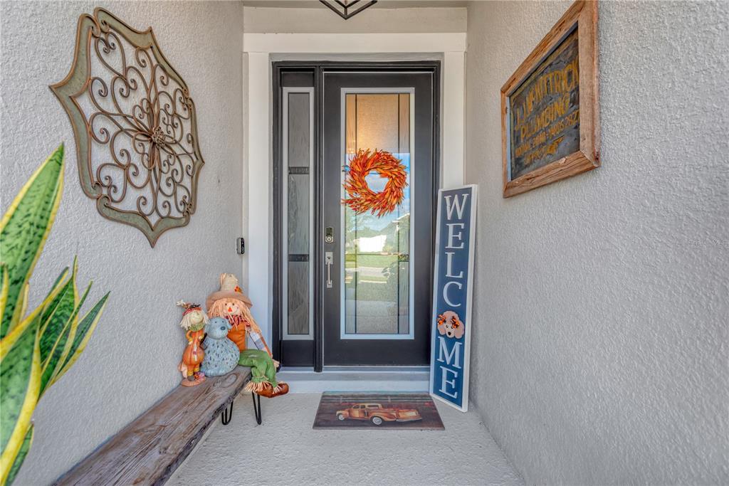 A front porch features a dark door with a wreath, a welcome sign, and decorations — 7213 TALAMORE DRIVE, WESLEY CHAPEL, FL