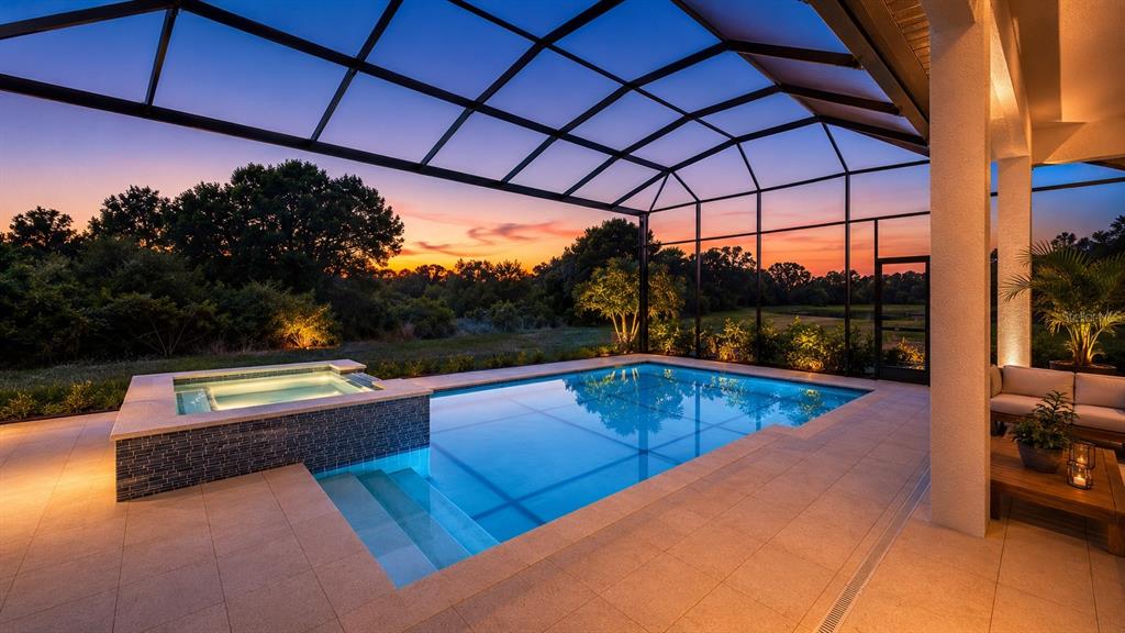 A screened-in patio features a swimming pool, a raised spa, and a sunset view — 269 BLUE PEARL COURT, SARASOTA, FL