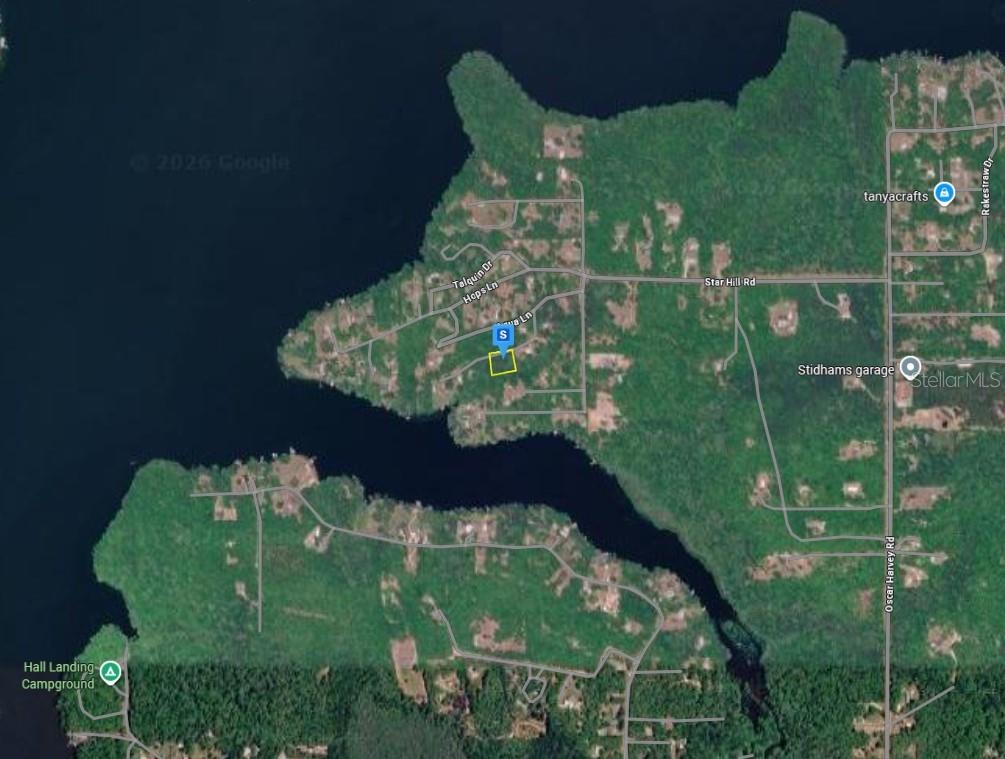 This is a satellite map view showing a residential property lot near a lake — 16305 TALQUIN COVE ROAD, TALLAHASSEE, FL