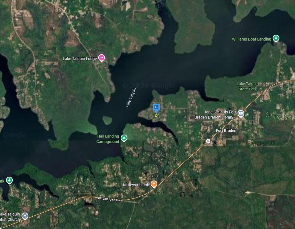 This is a satellite map showing Lake Talquin and the surrounding Fort Braden area — 16305 TALQUIN COVE ROAD, TALLAHASSEE, FL
