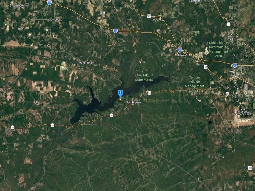 This is a satellite map showing Lake Talquin and surrounding areas in Florida — 16305 TALQUIN COVE ROAD, TALLAHASSEE, FL