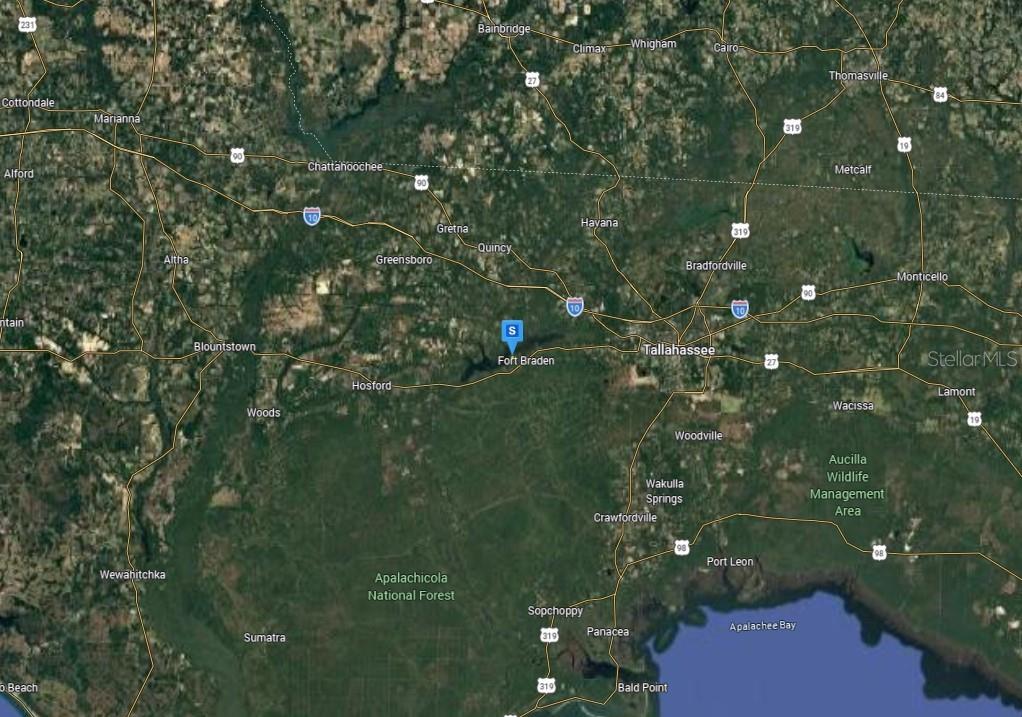 This is a satellite map showing the area surrounding Fort Braden and Tallahassee, Florida — 16305 TALQUIN COVE ROAD, TALLAHASSEE, FL