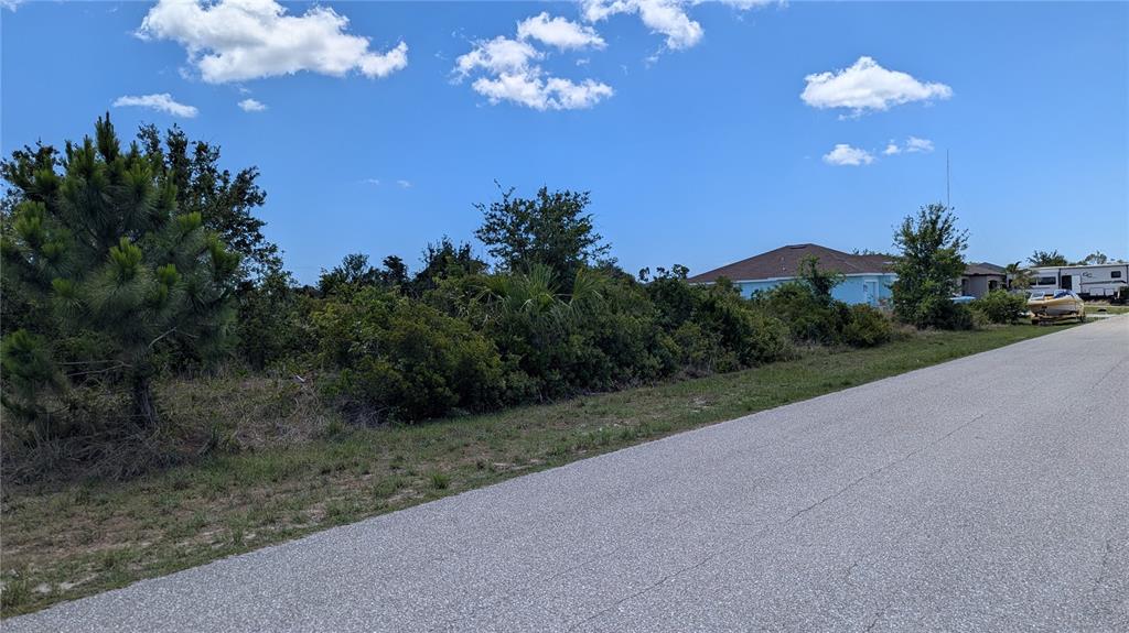 A vacant, overgrown lot sits beside a paved road with houses in the background — 13493 ABUTILON LANE, PORT CHARLOTTE, FL