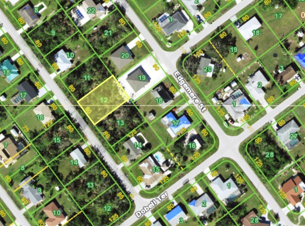 This is an aerial map showing a vacant residential lot highlighted in yellow — 718 MERRICK LN, PORT CHARLOTTE, FL