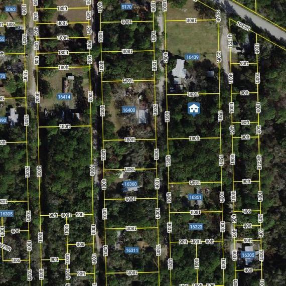 This is an aerial map showing property lot lines and parcel numbers for a residential area — 16407 NE 51, FL 32113, FL