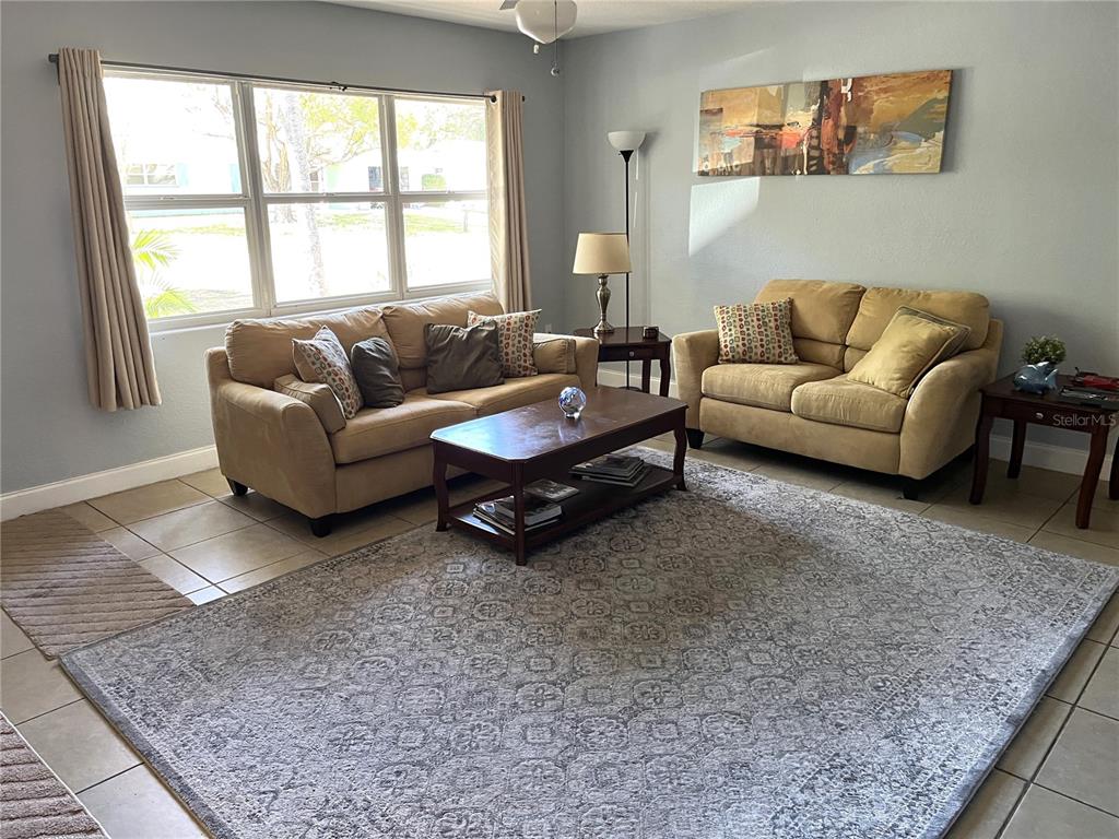 A living room features two tan sofas, a coffee table, and a large patterned rug — 1358 N LOTUS DRIVE, DUNEDIN, FL