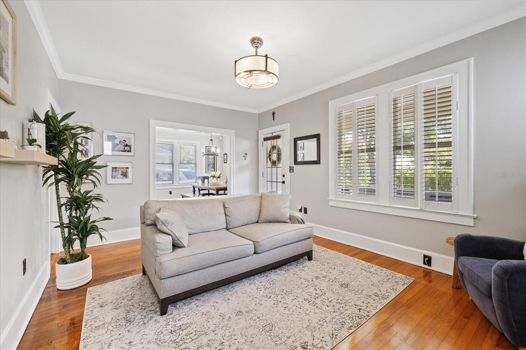 A living room features a gray sofa, hardwood floors, a patterned rug, and plantation shutters — 3410 W SANTIAGO STREET, TAMPA, FL