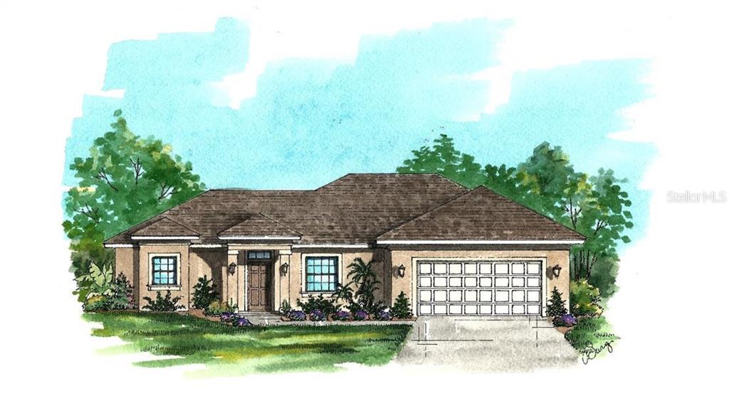 This is a watercolor architectural rendering of a single-story house with a two-car garage — 3843 SAN MATEO DRIVE, NORTH PORT, FL