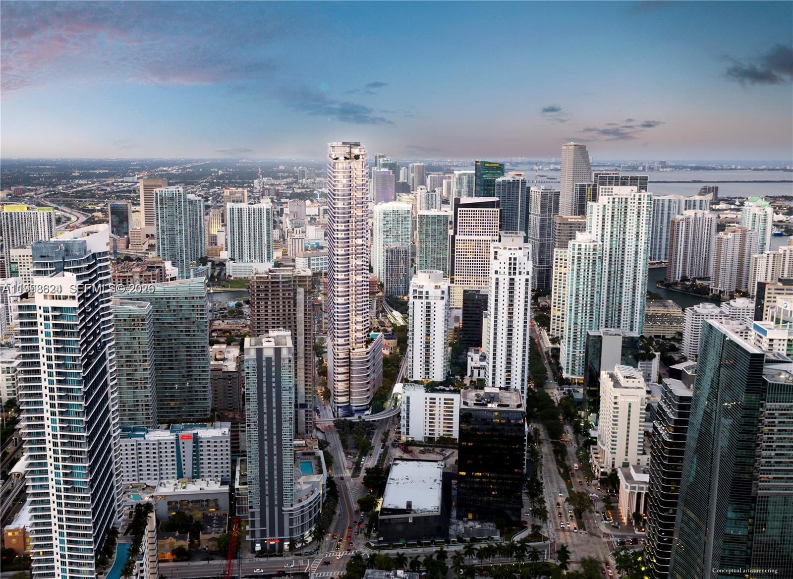 This is a conceptual rendering of a dense urban skyline featuring numerous high-rise buildings — 1000 Brickell Plz, Miami FL 33131, MIAMI, FL