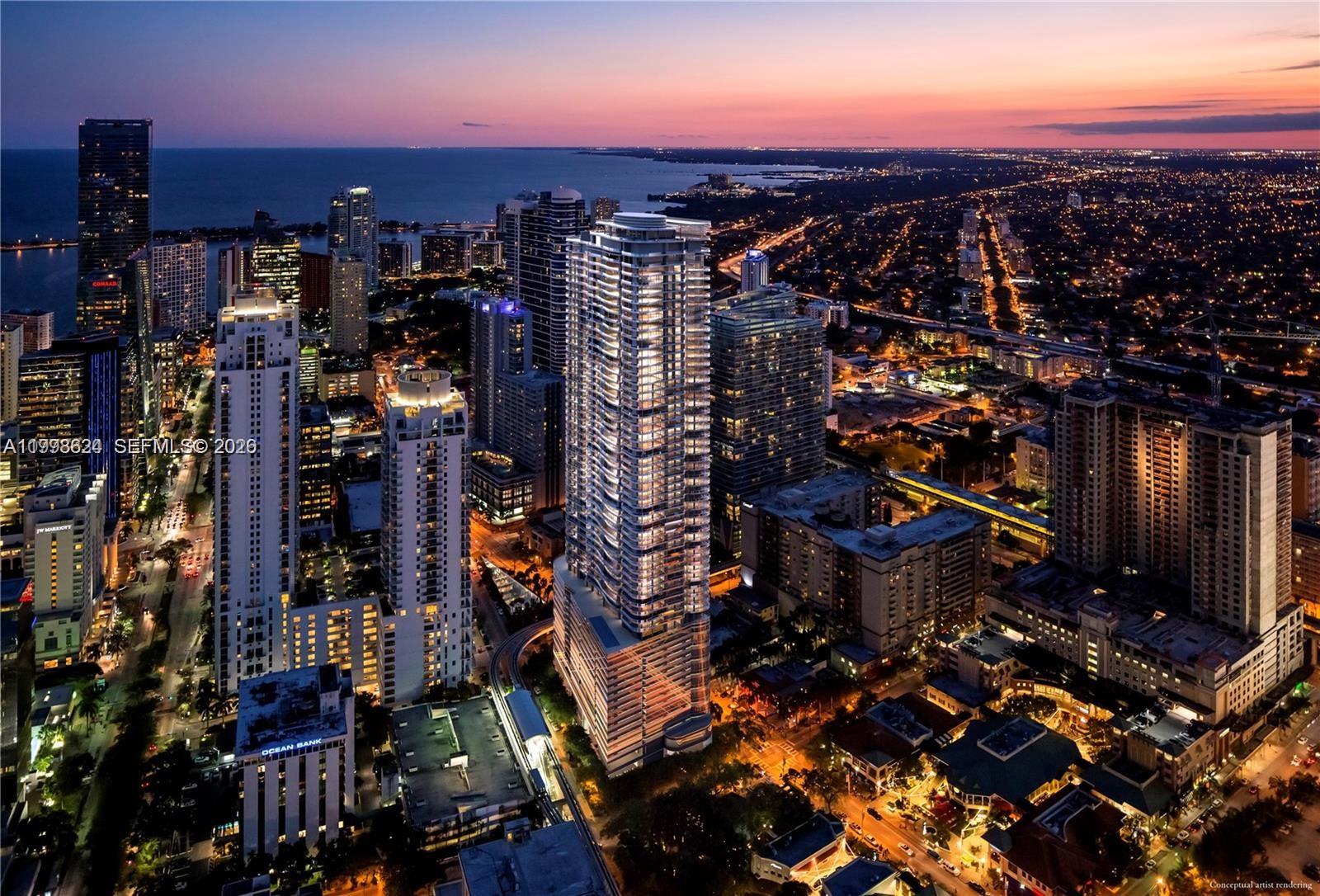 This is a conceptual artist rendering of a high-rise building in a city at night — 1000 Brickell Plz, Miami FL 33131, MIAMI, FL