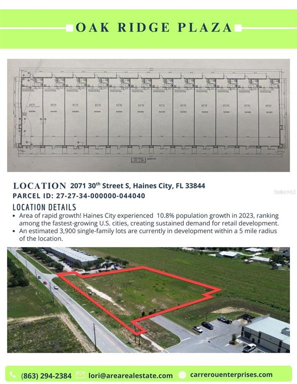 This image shows a site plan, location details, and an aerial view of a vacant lot — 2055 S 30TH STREET, HAINES CITY, FL