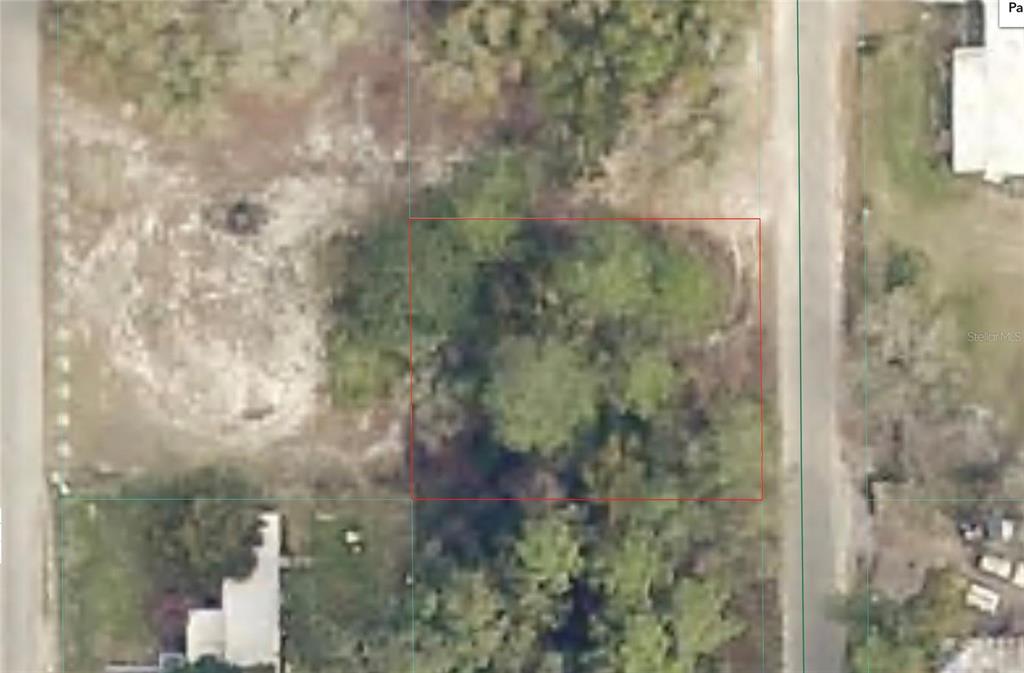 An aerial view shows a rectangular, tree-covered vacant lot outlined in red — TBD SE 129 CT, SILVER SPRINGS, FL