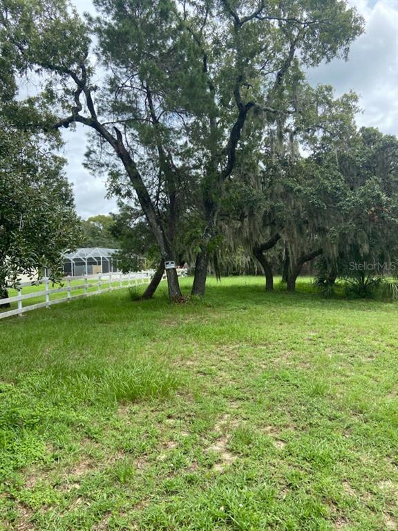 A grassy yard features several large, moss-draped trees and a white fence near a pool enclosure — 0 HILLTOP DRIVE, NEW PORT RICHEY, FL