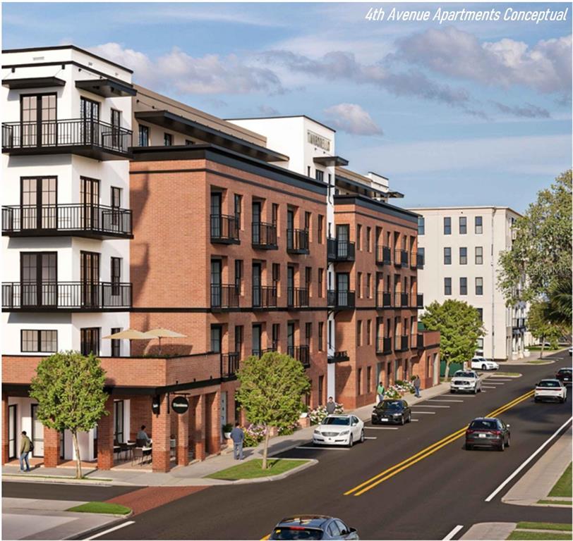 A digital rendering of a multi-story brick and white apartment building along a city street — 1715 E 4TH AVENUE, TAMPA, FL