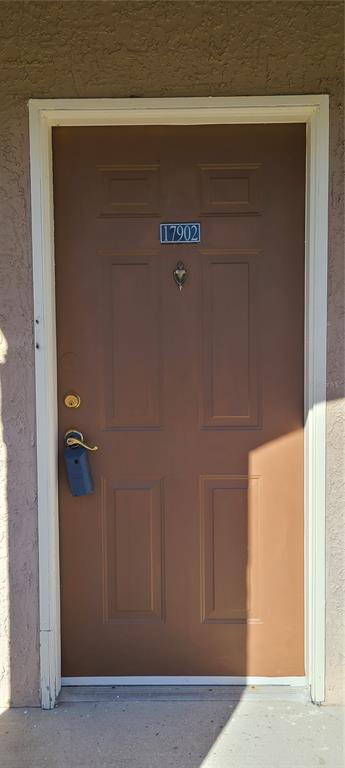 A brown, six-panel front door with a brass handle, deadbolt, and a lockbox attached — 17902 VILLA CREEK DRIVE UNIT 17902, TAMPA, FL