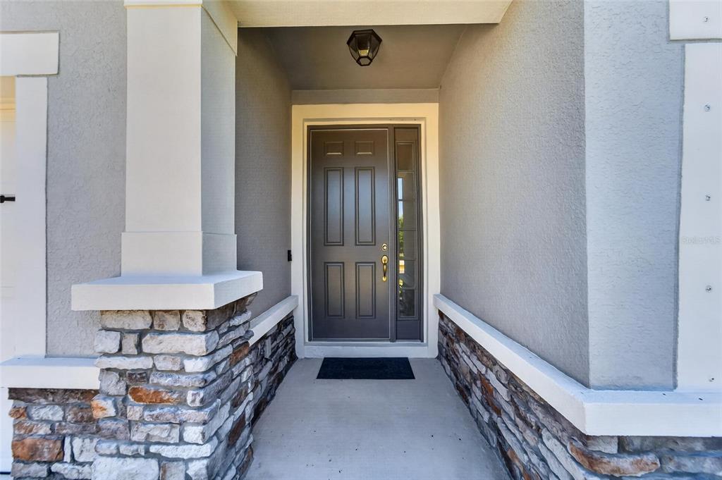 A covered front entryway features a dark gray door with a side light and stone accents — 13017 SATIN LILY DRIVE, RIVERVIEW, FL