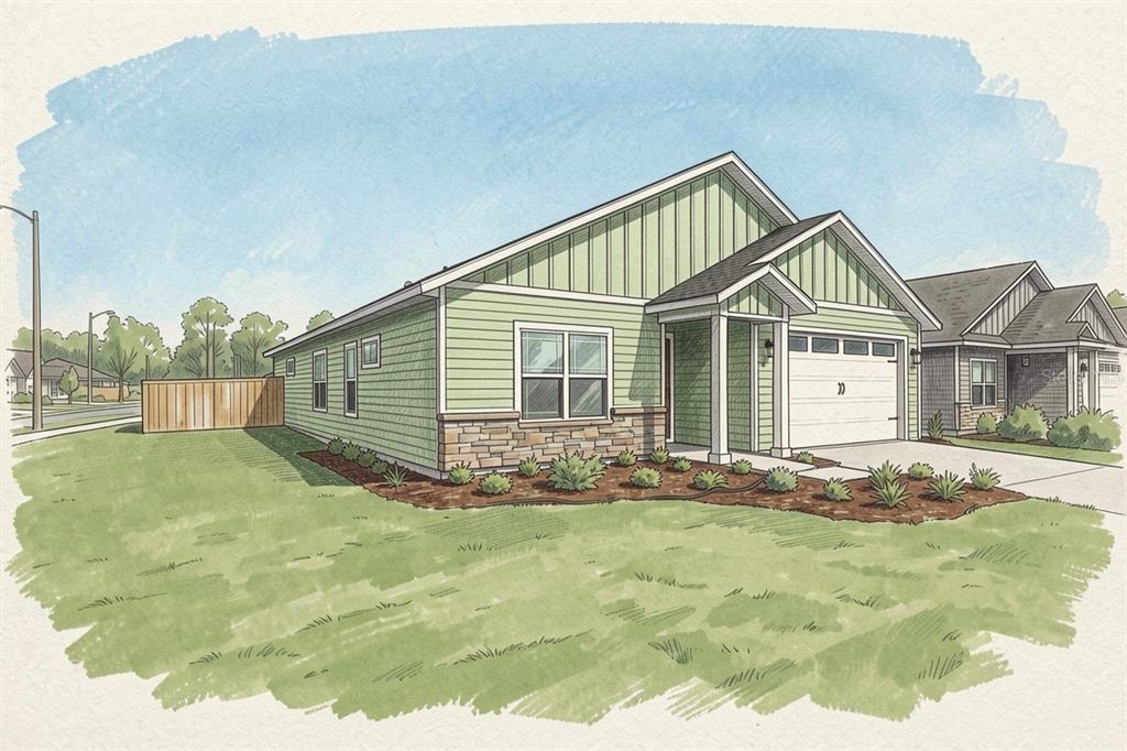 A digital rendering of a single-story house with light green siding and a stone base — 21131 SW 1ST PLACE, NEWBERRY, FL