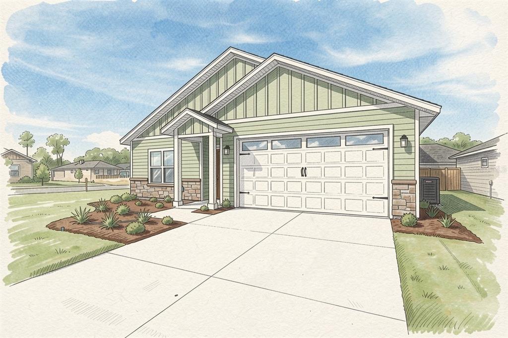 A digital rendering of a single-story house with green siding, a stone base, and a garage — 21131 SW 1ST PLACE, NEWBERRY, FL