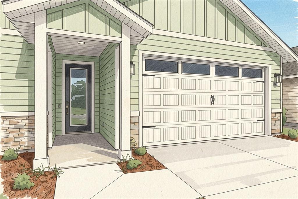 This architectural rendering shows the exterior of a green house with a stone-accented entryway — 21131 SW 1ST PLACE, NEWBERRY, FL