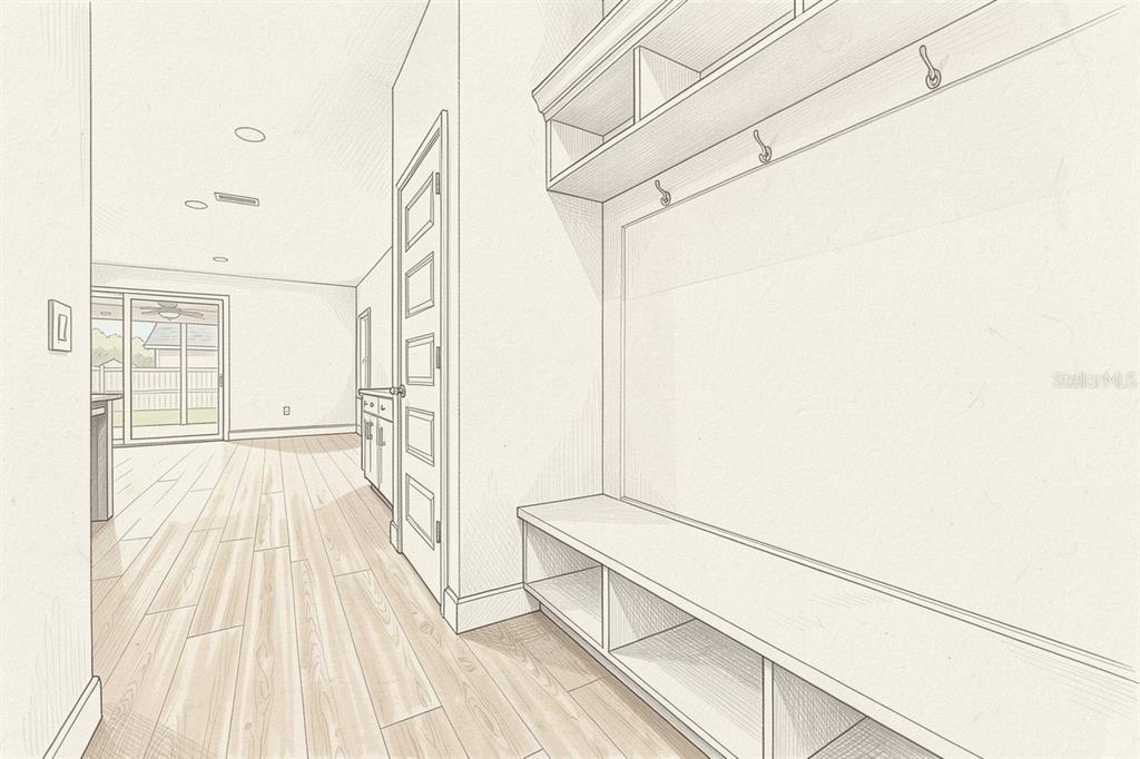 This is a digital rendering of a mudroom featuring built-in storage and wood-look flooring — 21131 SW 1ST PLACE, NEWBERRY, FL