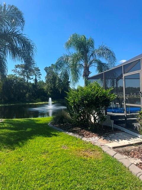 A view of a backyard pond with a fountain, palm trees, and a screened-in patio — 8144 SANGUINELLI ROAD, LAND O LAKES, FL