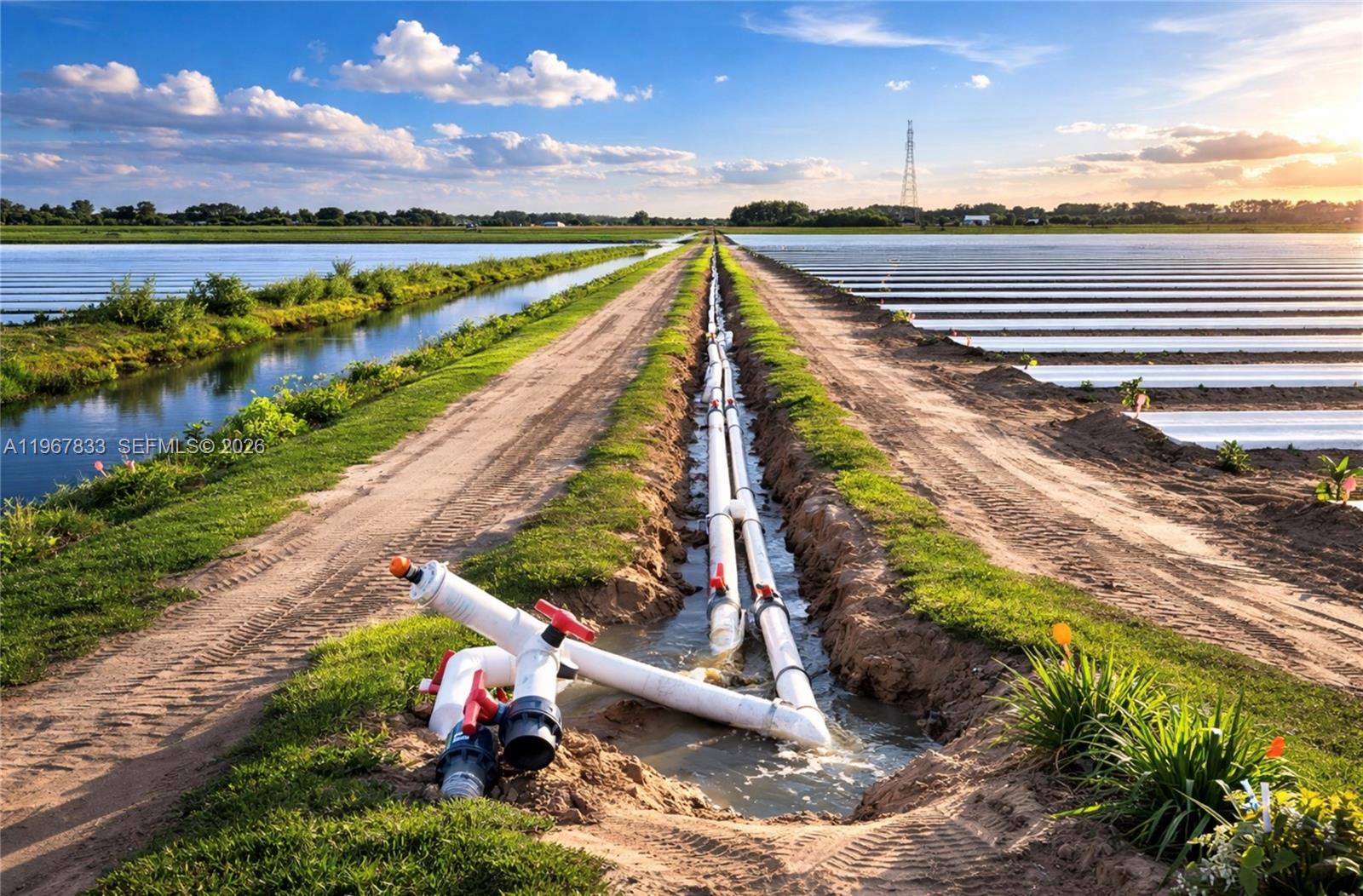 An irrigation system with white pipes runs through a dirt path between agricultural fields — 595 N HEADER CANAL ROAD # 0, Fort Pierce FL 34945, FORT PIERCE, FL