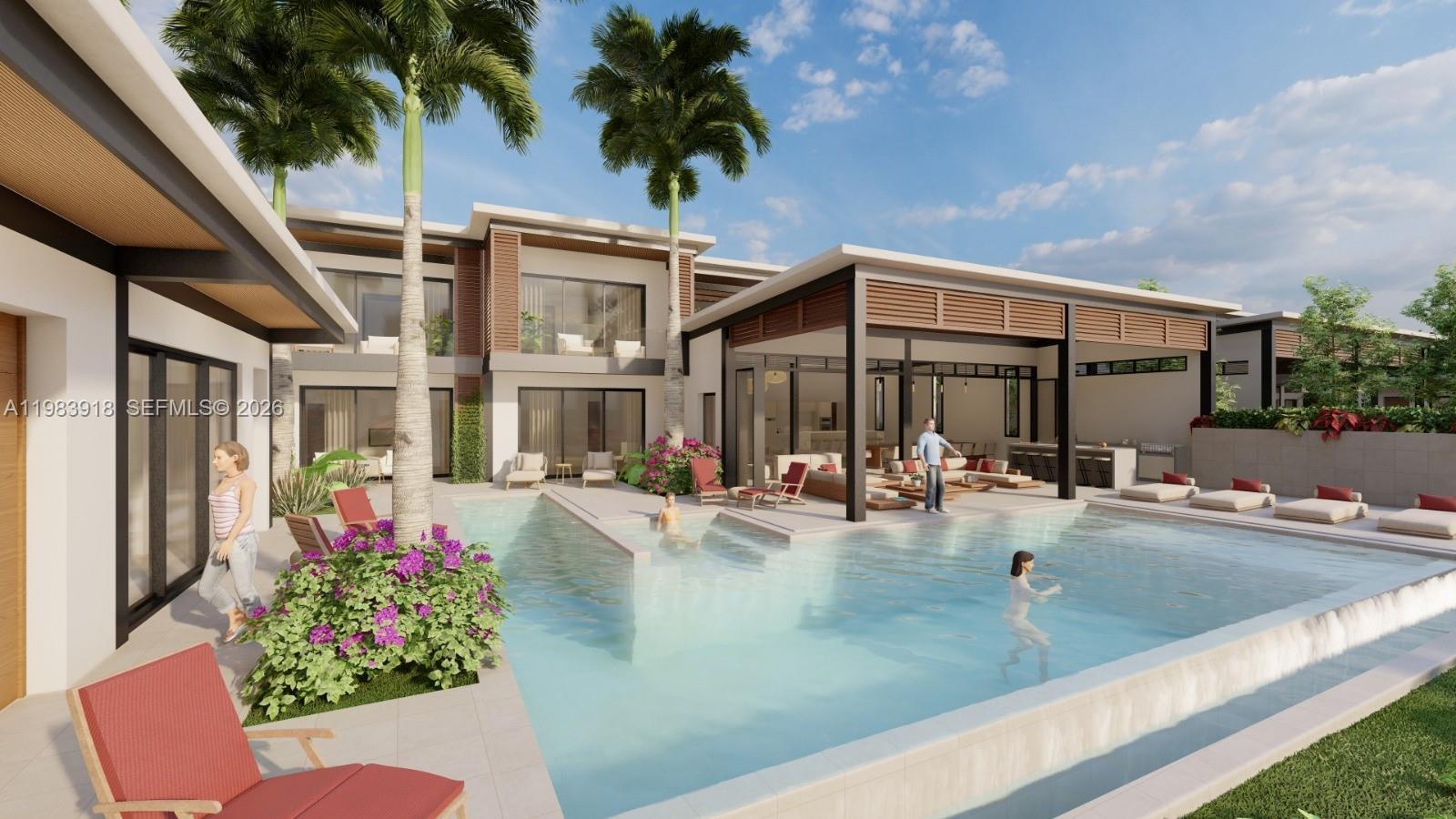 This is a rendering of a modern house exterior featuring a pool and patio area — 000 8C7J+863 Las Terrenas, Dominican Republic, FL 3200, FL