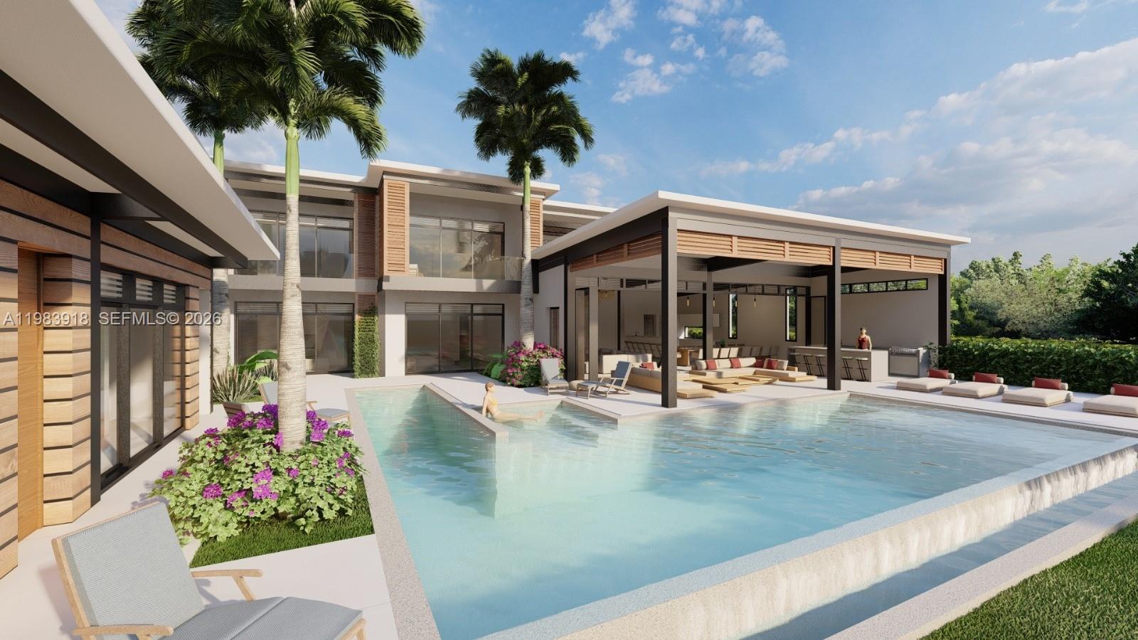 This architectural rendering shows a modern two-story home with a pool and covered patio — 000 8C7J+863 Las Terrenas, Dominican Republic, FL 3200, FL