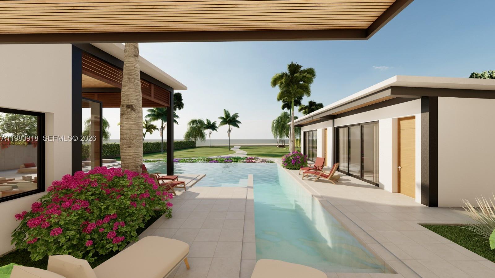This architectural rendering shows a modern home with a swimming pool and a landscaped yard — 000 8C7J+863 Las Terrenas, Dominican Republic, FL 3200, FL
