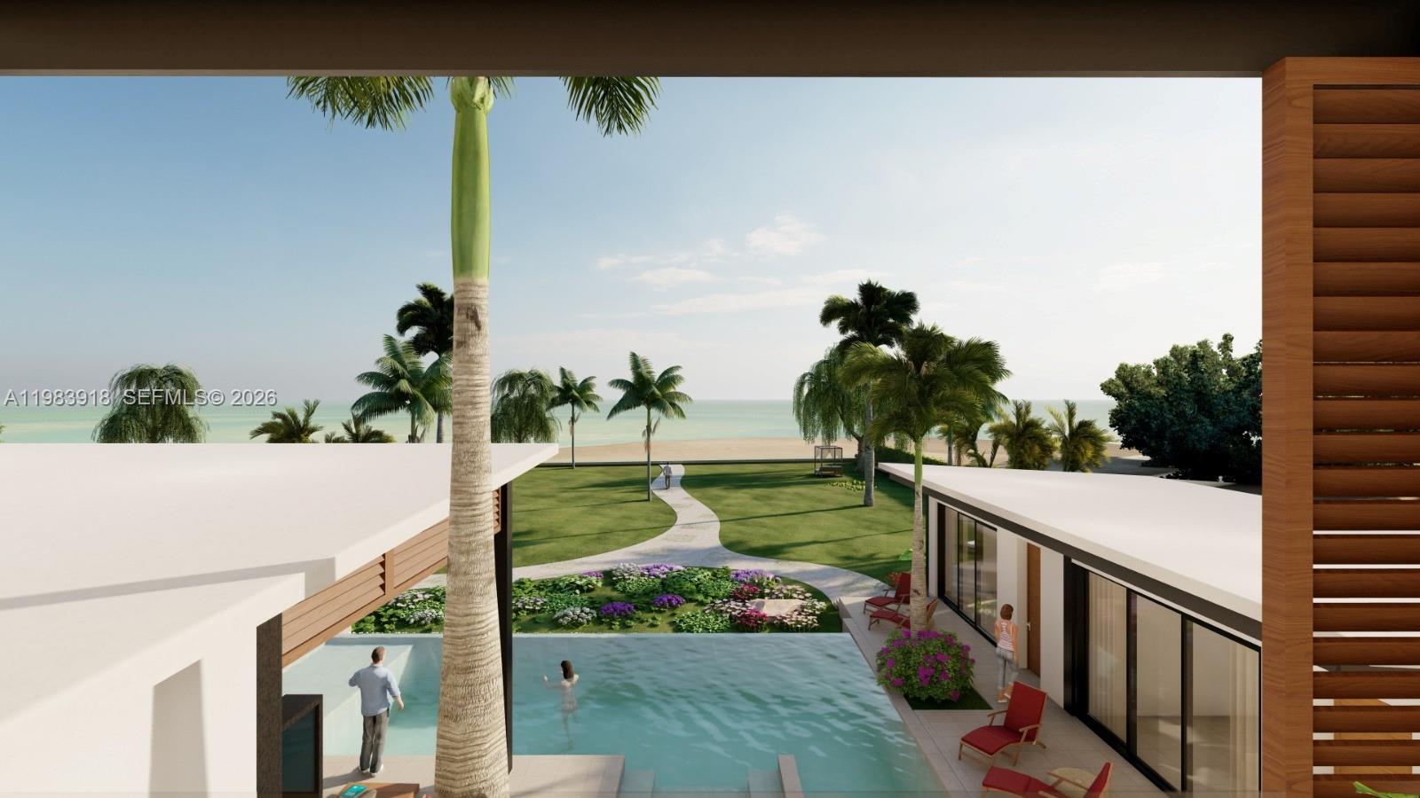 This architectural rendering shows a modern home with a pool overlooking a beach and ocean — 000 8C7J+863 Las Terrenas, Dominican Republic, FL 3200, FL