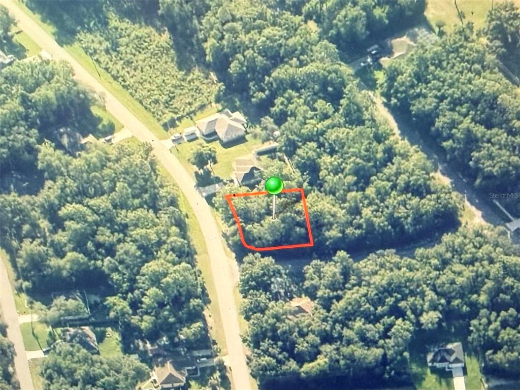 An aerial view shows a vacant, tree-covered lot outlined in red next to a road — 9184 N GOLFVIEW DRIVE, CITRUS SPRINGS, FL