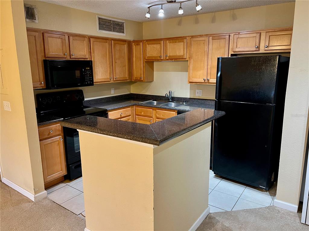 A kitchen with wood cabinets, stainless steel appliances, and light-colored wood-look flooring — 375 LAKE ONTARIO COURT UNIT 203, ALTAMONTE SPRINGS, FL