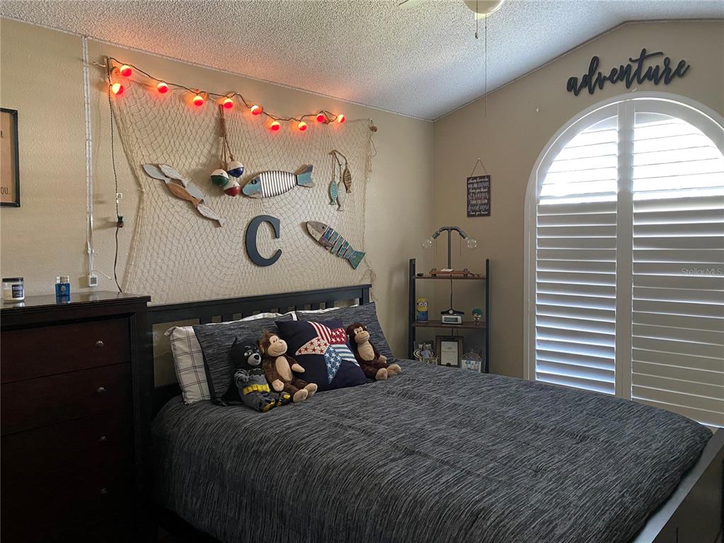 A bedroom features a nautical-themed wall with a fishing net, string lights, and a bed — 28508 MEADOWRUSH WAY, WESLEY CHAPEL, FL