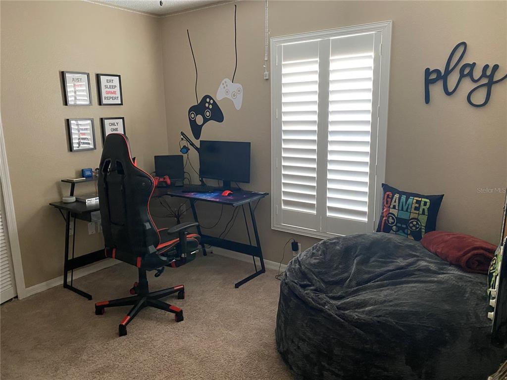 A gaming room features a desk, a gaming chair, a beanbag chair, and wall decor — 28508 MEADOWRUSH WAY, WESLEY CHAPEL, FL