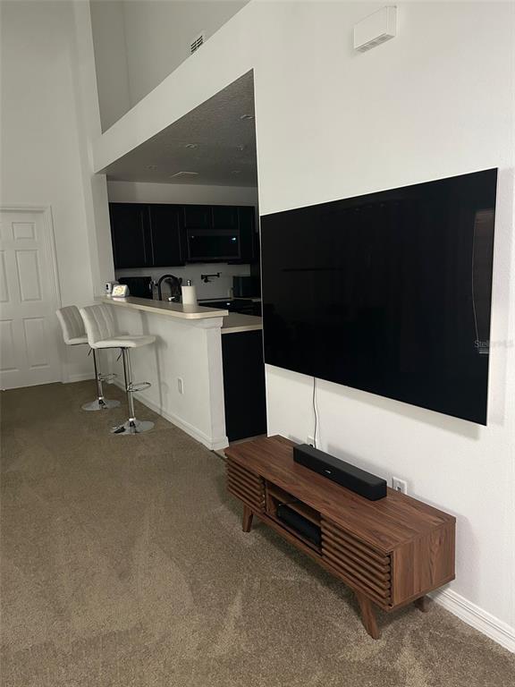 A living room features a wall-mounted television, a wooden media console, and a breakfast bar — 970 N SPRING GARDEN AVENUE UNIT 621, DELAND, FL