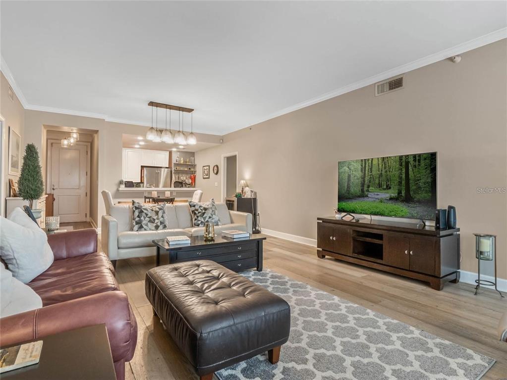 A living room features a leather sofa, a white sofa, a television, and wood flooring — 630 VASSAR STREET UNIT 2205, ORLANDO, FL