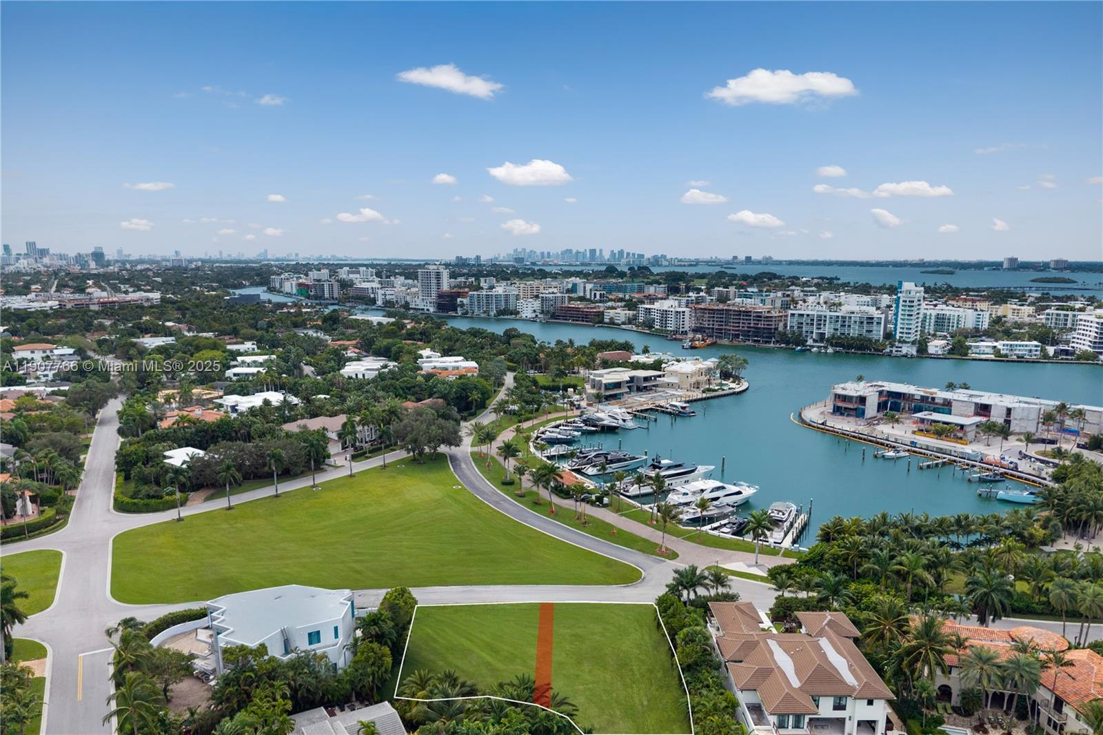 An aerial view shows a vacant residential lot highlighted in red near a marina — 145 Harbour Way Lots 2 and 3, Bal Harbour FL 33154, BAL HARBOUR, FL