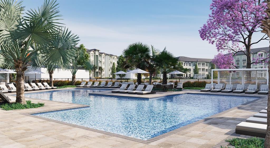 This rendering shows a resort-style swimming pool surrounded by lounge chairs and palm trees — 4005 BISMARK DRIVE UNIT C1, KISSIMMEE, FL
