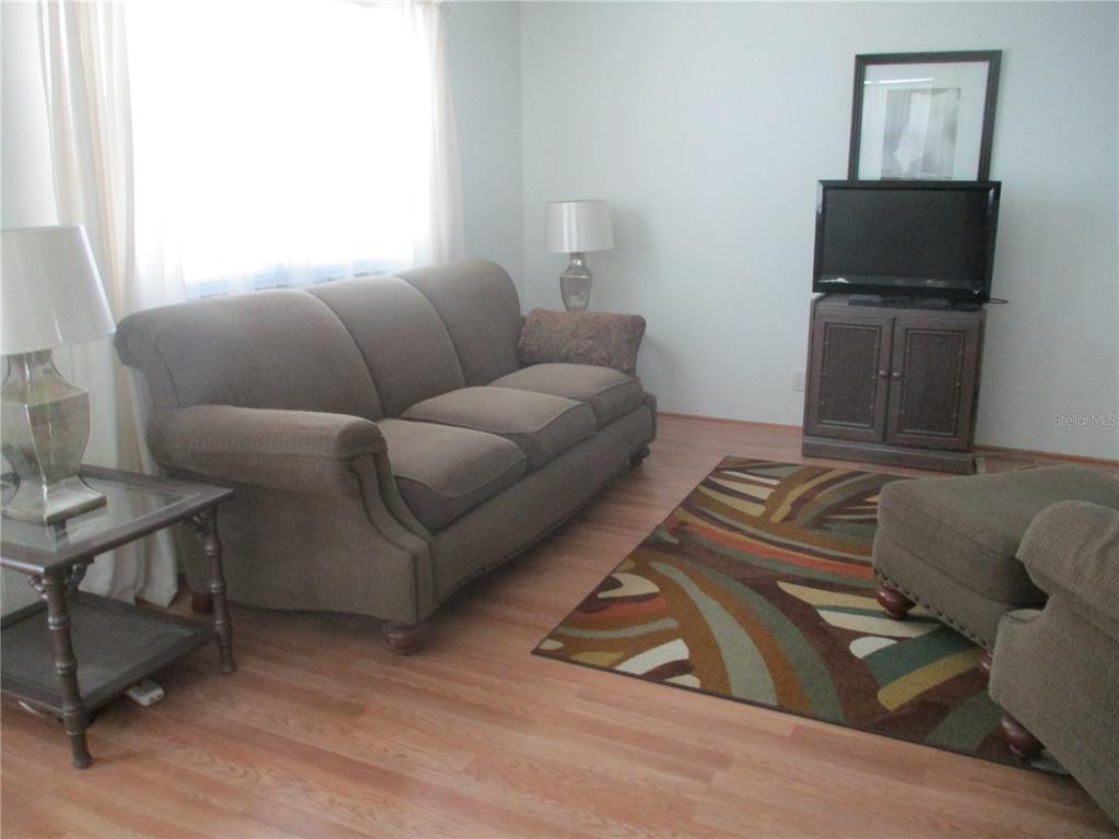 A living room features a brown sofa, a patterned rug, and a television on a stand — 101 CAMBRIDGE TRAIL UNIT 211, SUN CITY CENTER, FL